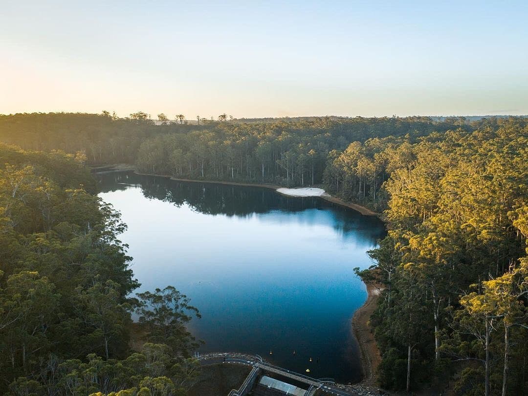 An aerial image of a dam surrounded by forest